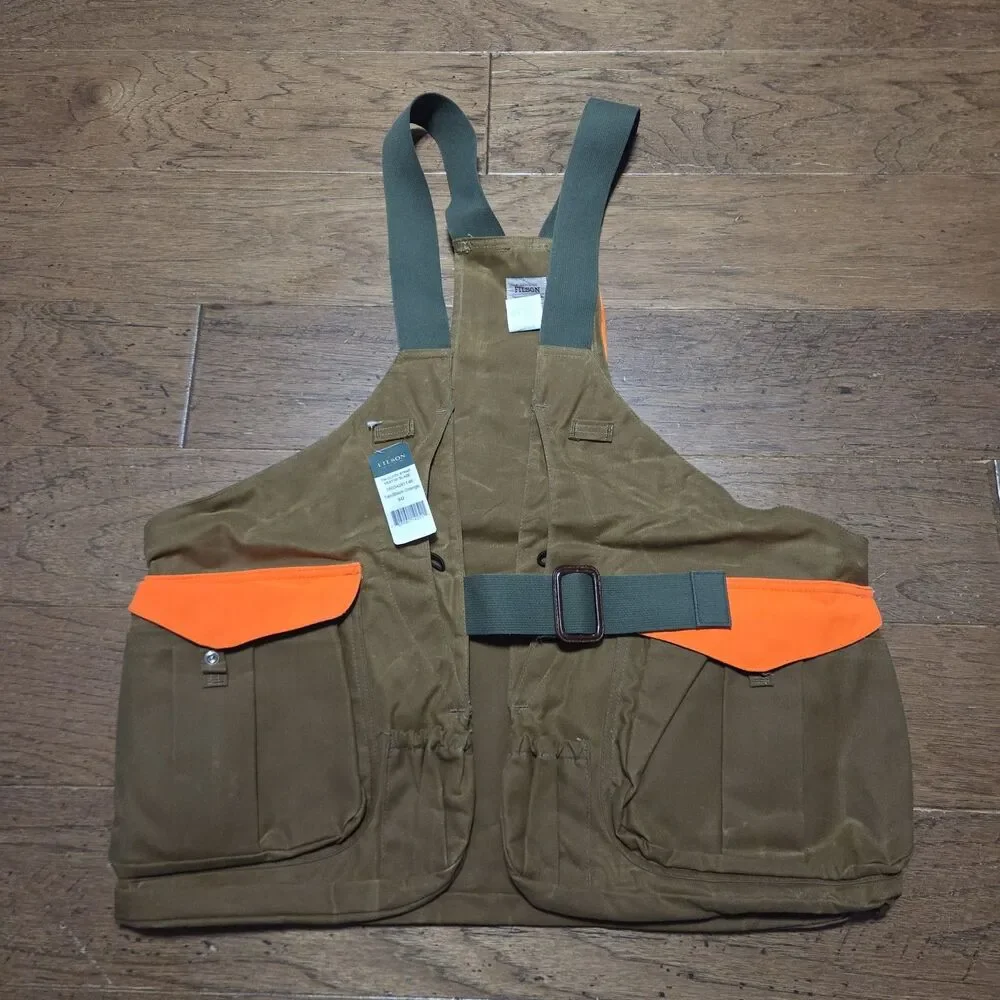 New Vtg Filson Tin Cloth Game Bag Hunting Vest Dark Tan Blaze Orange USA 16034